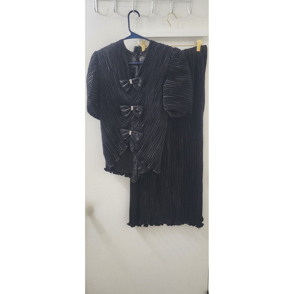 Vintage Karen Lawrence Black Pleated Skirt Set Rhinestone Bows Puff Sleeve Sz 10